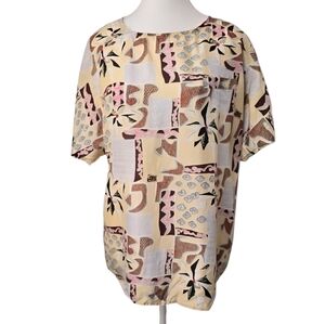 Oscar Dela Renta Vintage Abstract Patterned 💯% Silk Blouse, Sz L (PTP 22")